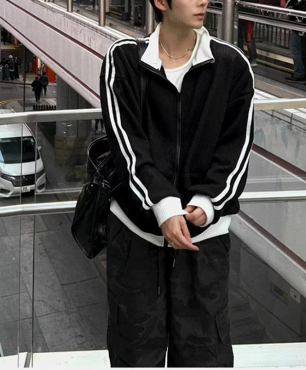 店主推薦! 撞色華夫格條紋外套｜2色入