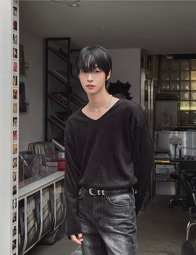 毛絮感！簡約純色V領馬海毛TOP｜4色入