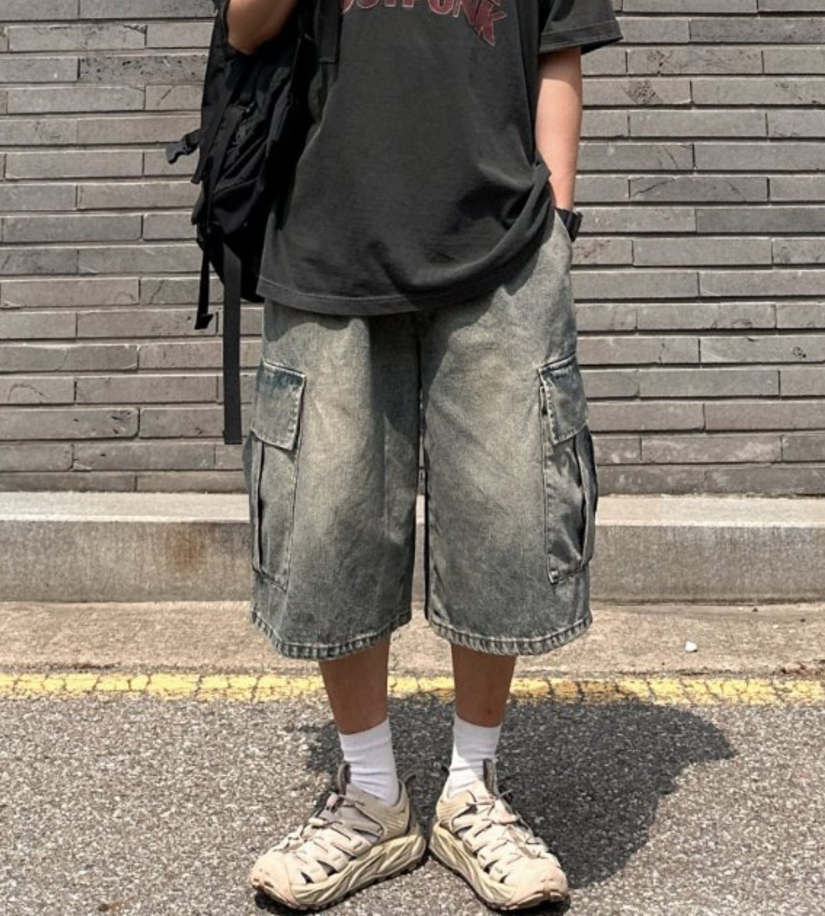 [潮人必備]水洗側袋橡筋腰七分褲