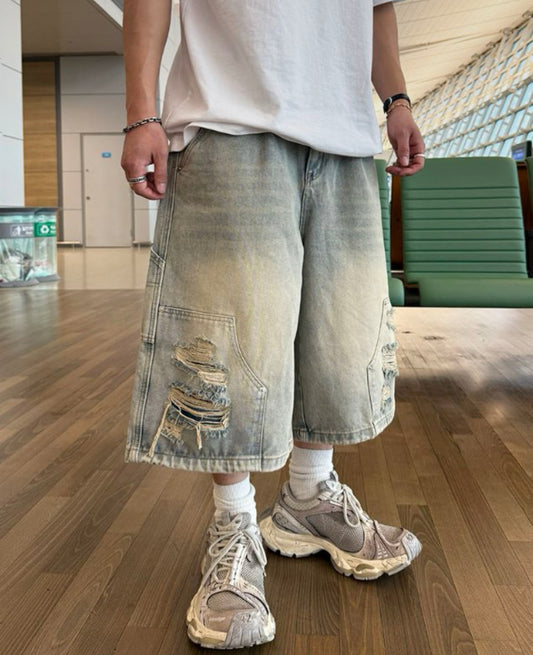 重磅復古水洗破洞牛仔褲