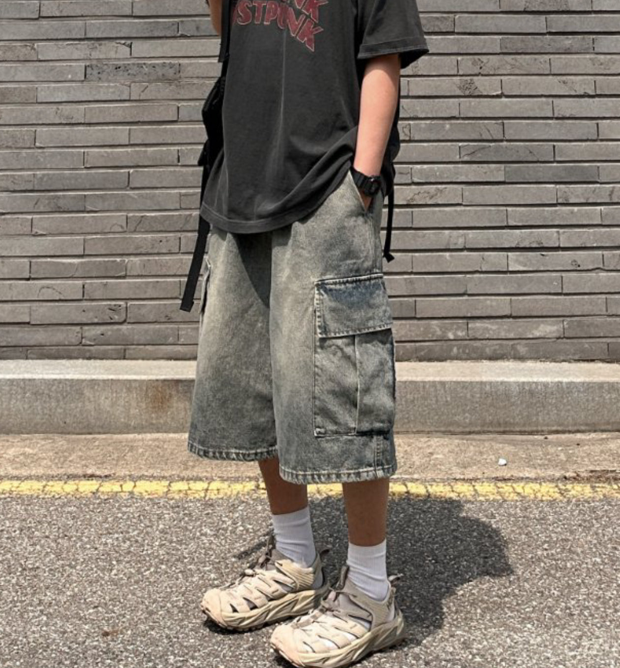 [潮人必備]水洗側袋橡筋腰七分褲