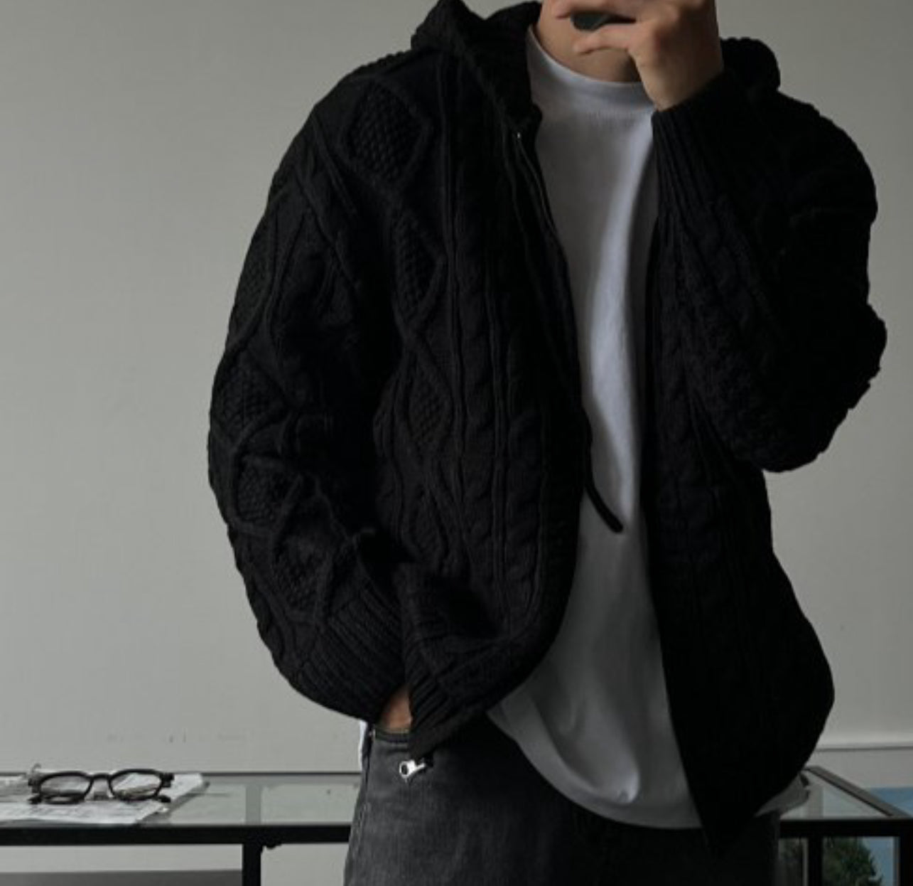 [軟糯手感] 扭紋連帽針織拉鍊外套