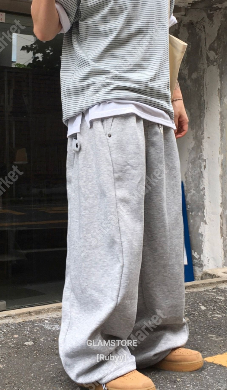 弧形拼接鈕扣闊腳棉褲