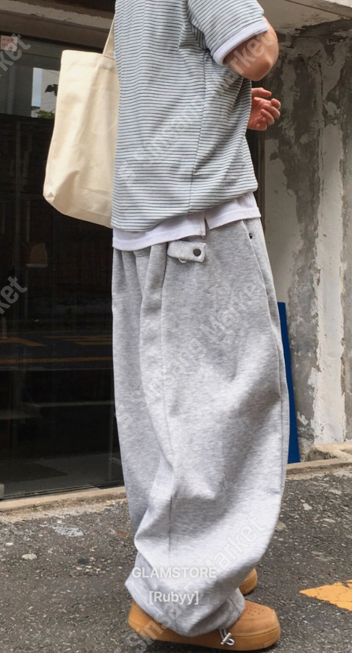 弧形拼接鈕扣闊腳棉褲