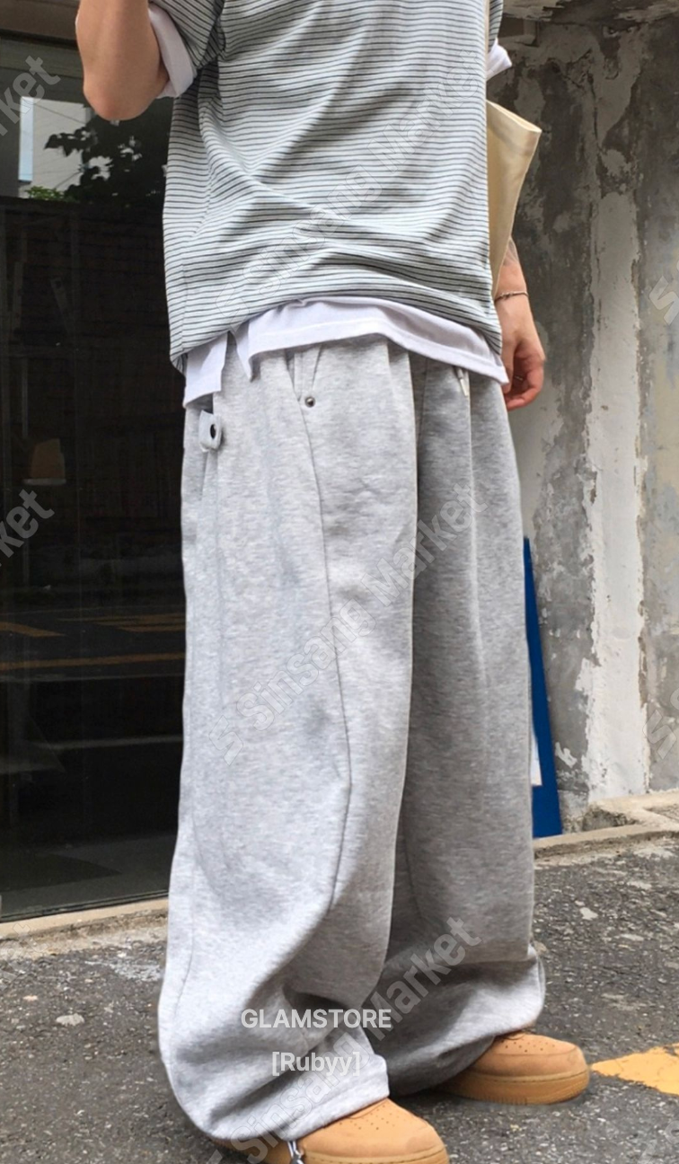 弧形拼接鈕扣闊腳棉褲